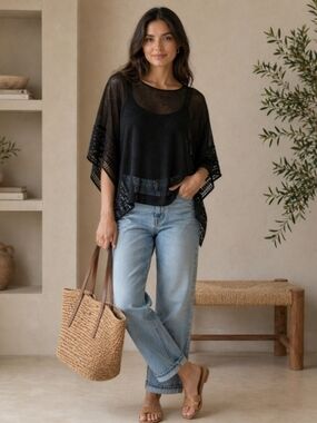 White House Black Market Sheer Knit Poncho Top with Lace Detail